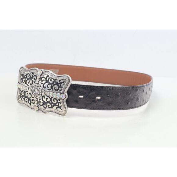 Vintage Black Leather Western Belt Ornate Silver Tone Buckle Size 32 Cowboy - Picture 7 of 16